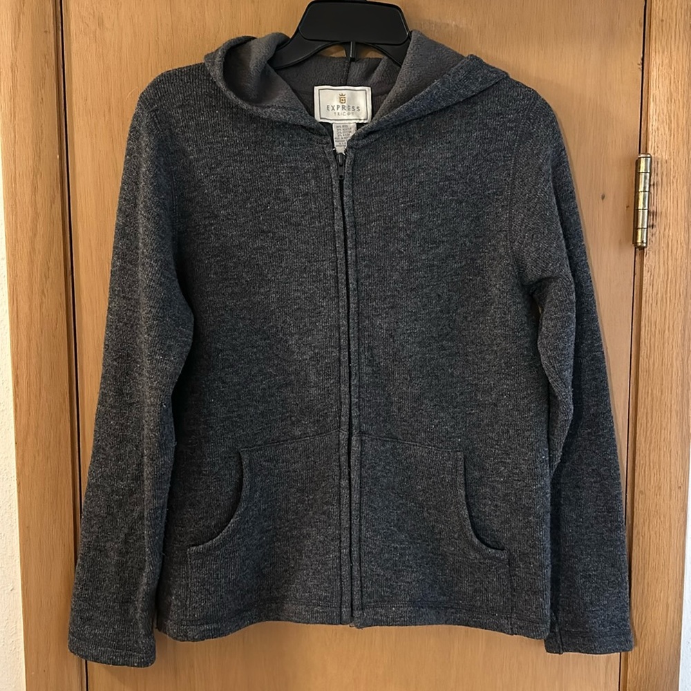 Express Tricot Women’s Vintage Wool Full Zip Hooded Sweater Gray Size Medium